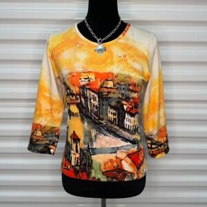 Y2K Beaded Euro City Scene AOP 3/4 Sleeve Top Size M